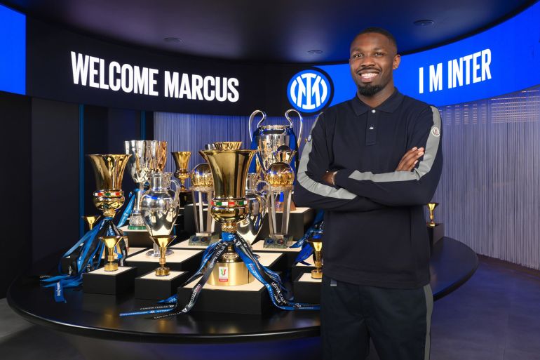 FC Internazionale Unveil New Signing Marcus Thuram MILAN, ITALY - JUNE 27: FC Internazionale unveil new signing Marcus Thuram at FC Internazionale Headquarters on June 27, 2023 in Milan, Italy. (Photo by Mattia Pistoia - Inter/Inter via Getty Images) gettyimages-1506913550