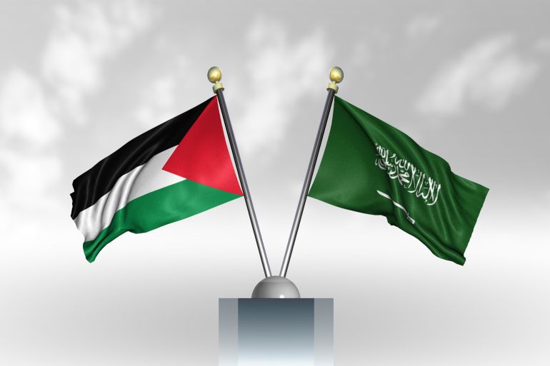Palestine and Saudi Arabia Flags, 3D rendering with a white cloudy background; Shutterstock ID 2166770553; purchase_order: aljazeera ; job: ; client: ; other: