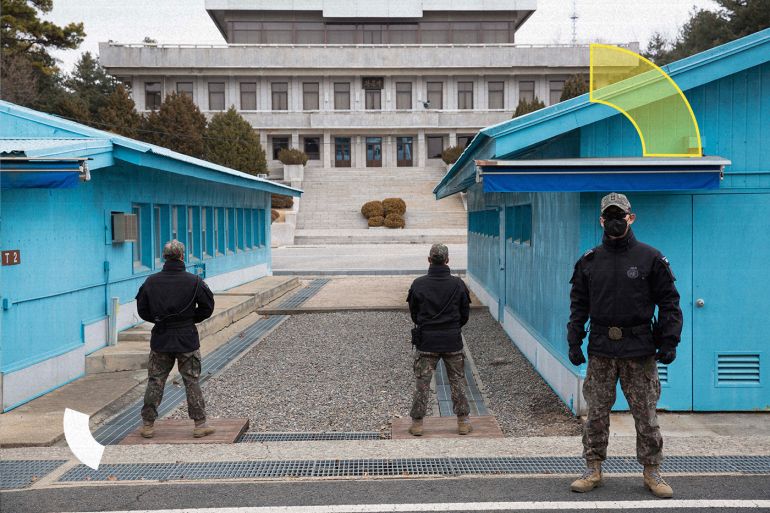 PANMUNJOM, SOUTH KOREA - MARCH 03: South Korean soldiers stand guard in the truce village of Panmunjom inside the demilitarized zone (DMZ) separating South and North Korea on March 03, 2023 in Panmunjom, South Korea. The United States will continue to counter threats posed by North Korea through close cooperation with its allies, Secretary of Defense Lloyd Austin said Thursday. (Photo by Jeon Heon-Kyun - Pool/Getty Images)