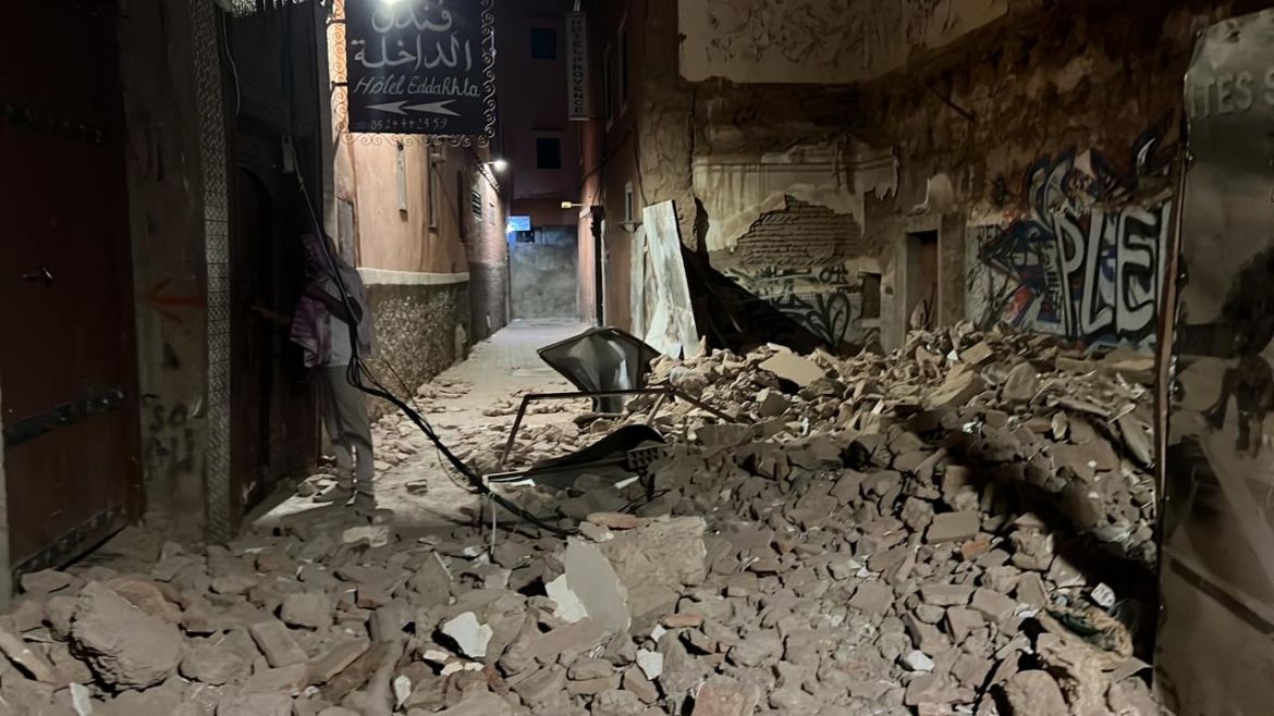 MARRAKESH, MOROCCO - SEPTEMBER 9: A view of rubble after a 7 magnitude earthquake in Marrakesh, Morocco on September 9, 2023. At least 296 people were killed and 153 sustained injuries following a powerful earthquake that struck Morocco, the country's Interior Ministry said Saturday. ( Said Echarif - Anadolu Agency )
