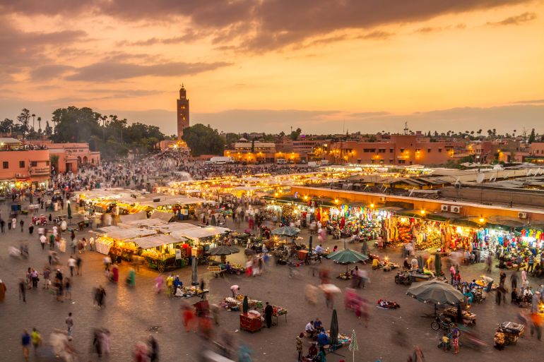 Jamaa el Fna market square, Marrakesh, Morocco, north Africa. Jemaa el-Fnaa, Djema el-Fna or Djemaa el-Fnaa is a famous square and market place in Marrakesh's medina quarter.; Shutterstock ID 685174879; purchase_order: aljazeera ; job: ; client: ; other: