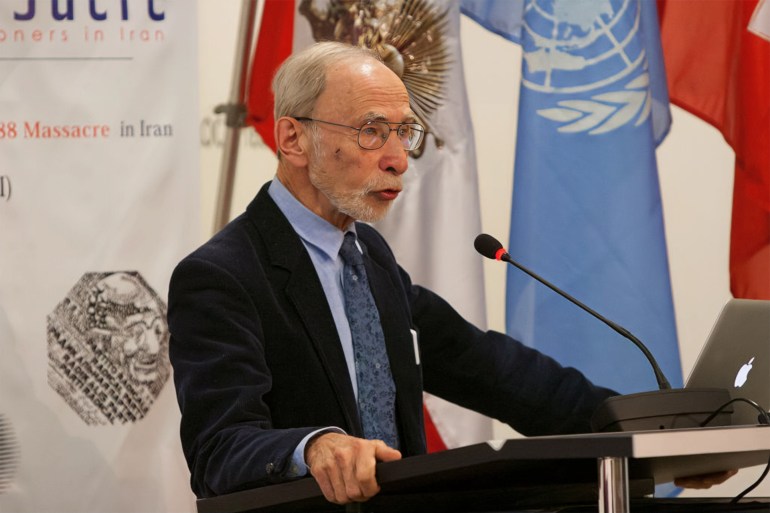 Prof Eric David, Geneva, Switzerland, 01/02/2018 - On 1 February 2018, at Geneva Press club, a civil society hearing in Geneva heard witnesses and legal experts and offered an adjudication of the 1988 massacre of political prisoners in Iran. The presiding panel of adjudicators included Prof Eric David, Professor emeritus of international law at the Université libre de Bruxelles. Based on the evidence he provided, concluded that the UN has an obligation to investigate the 1988 massacre in Iran.  (Photo by Siavosh Hosseini/NurPhoto via Getty Images)