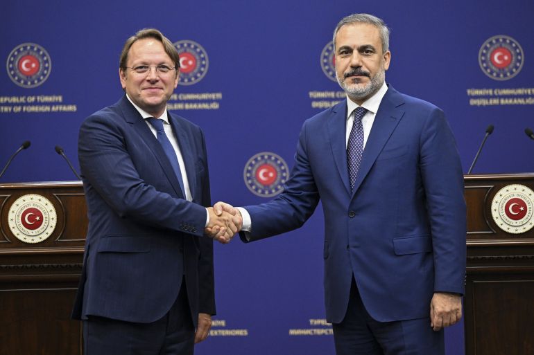 ANKARA, TURKIYE - SEPTEMBER 06: Turkish Foreign Minister Hakan Fidan (R) and European Union (EU) Commissioner for Enlargement Oliver Varhelyi (L) hold a joint press conference after their meeting in Ankara, Turkiye on September 06, 2023. (Photo by Emin Sansar/Anadolu Agency via Getty Images)