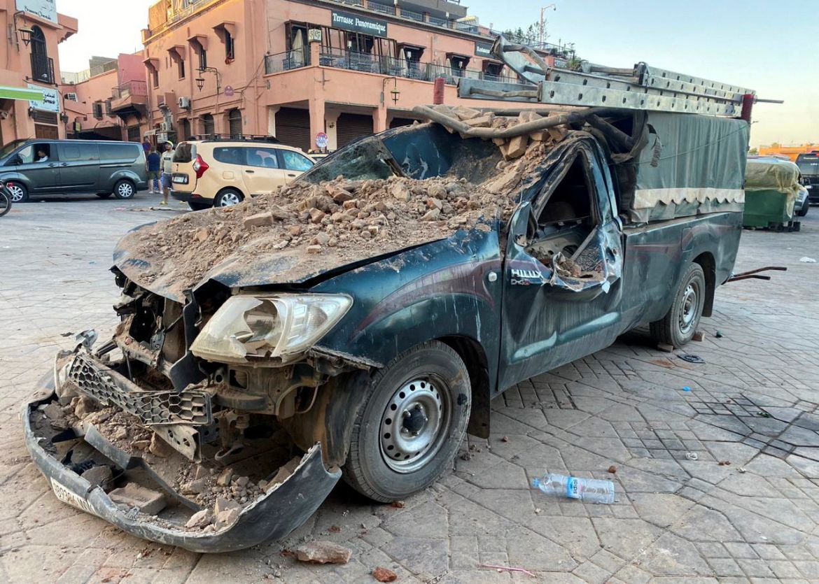 A damaged vehicle is pictured in the historic city of Marrakech, following a powerful earthquake in Morocco, September 9, 2023. REUTERS/Abdelhak Balhaki