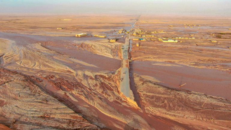 General view of flood water covering the area as a powerful storm and heavy rainfall hit Al-Mukhaili, Libya September 11, 2023, in this handout picture. Libya Al-Hadath/Handout via REUTERS THIS IMAGE HAS BEEN SUPPLIED BY A THIRD PARTY TPX IMAGES OF THE DAY