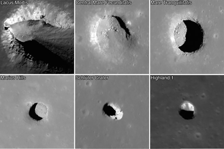 ****داخليه *** Images from the Lunar Reconaissance Orbiter show pits on the lunar surface. The images are each 222 meters (728 feet) wide. (NASA/GSFC/Arizona State University)