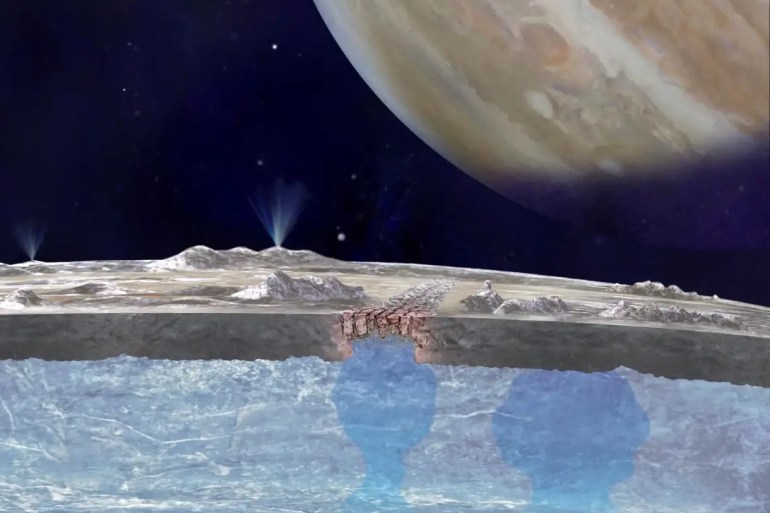 An artist’s interpretation of liquid water on the surface of the Europa pooling beneath chaos terrain. Credit: NASA/JPL-Caltech