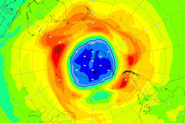 This image provided by the European Space Agency (ESA) shows a map of the ozone hole over the South Pole on Sept. 16, 2021.European Space Agency via AP