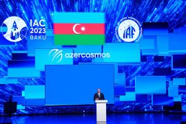 International Astronautical Congress 2023 in Baku- - BAKU, AZERBAIJAN - OCTOBER 02: (----EDITORIAL USE ONLY - MANDATORY CREDIT - 'AZERBAIJANI PRESIDENCY / HANDOUT' - NO MARKETING NO ADVERTISING CAMPAIGNS - DISTRIBUTED AS A SERVICE TO CLIENTS----) Azerbaijani President Ilham Aliyev speaks at the 74th International Astronautical Congress in Baku, Azerbaijan on October 02, 2023.