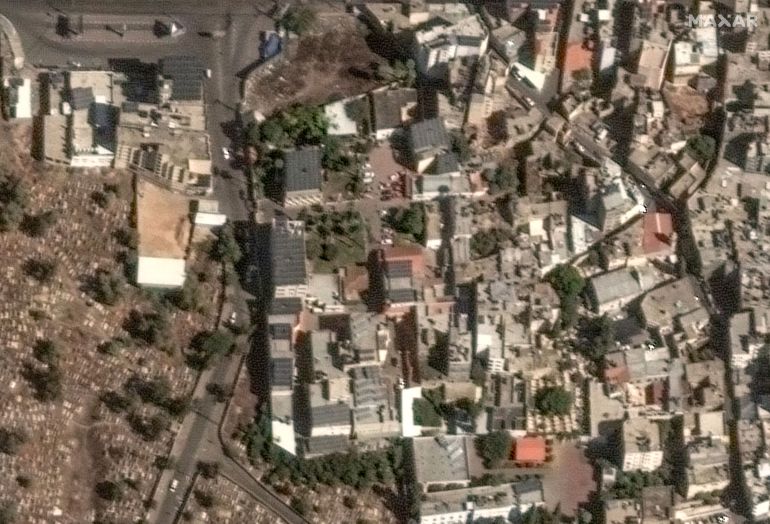مستشفى / المستشفى الاهلى المعمداني في غزة A satellite image shows Al-Ahli hospital before a blast that killed hundreds of Palestinians, which Israeli and Palestinian officials blamed on each other, in Gaza City, Gaza Strip, October 15, 2023. Maxar Technologies/Handout via REUTERS THIS IMAGE HAS BEEN SUPPLIED BY A THIRD PARTY. NO RESALES. NO ARCHIVES. MANDATORY CREDIT. MUST NOT OBSCURE LOGO