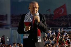 Turkish President Tayyip Erdogan speaks during a rally in solidarity with Palestinians in Gaza,
