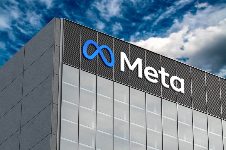 September 7, 2022, Brazil. In this photo illustration in 3D the Meta Platforms logo seen on top of the glass building