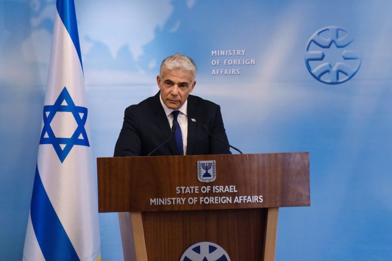 Israeli Foreign Minister Yair Lapid gives a press briefing at the Foreign Ministry in Jerusalem, April 24, 2022. Debbie Hill/Pool via REUTERS REFILE - CORRECTING MONTH
