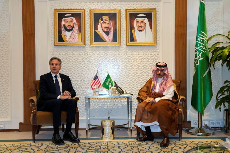 U.S. Secretary of State Antony Blinken meets with Saudi Foreign Minister Prince Faisal bin Farhan, at the Ministry of Foreign Affairs in Riyadh, Saudi Arabia, Saturday Oct. 14, 2023. Jacquelyn Martin/Pool via REUTERS