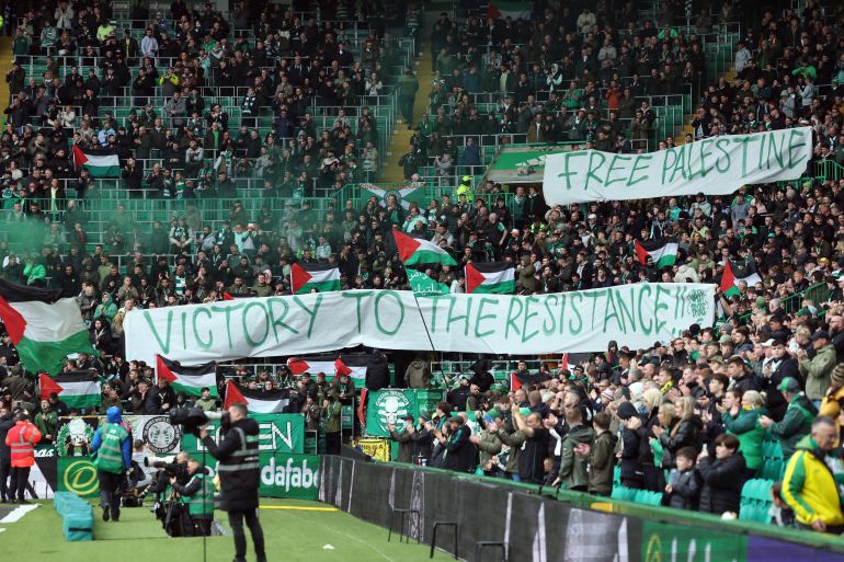 GLASGOW, SCOTLAND - OCTOBER 07: Celtic fans display a banner during the Cinch Scottish Premiership match between Celtic FC and Kilmarnock FC at Celtic Park Stadium on October 07, 2023 in Glasgow, Scotland. (Photo by Ian MacNicol/Getty Images)