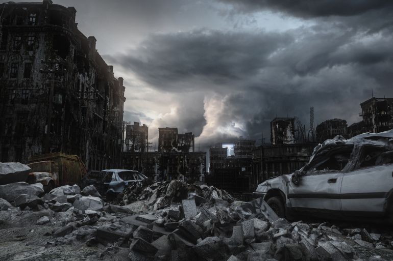 Digitally generated accurate scene of destroyed city/post nuclear city scene with ruined architecture (storm). The scene was rendered with photorealistic shaders and lighting in Autodesk® 3ds Max 2016 with V-Ray 3.6.