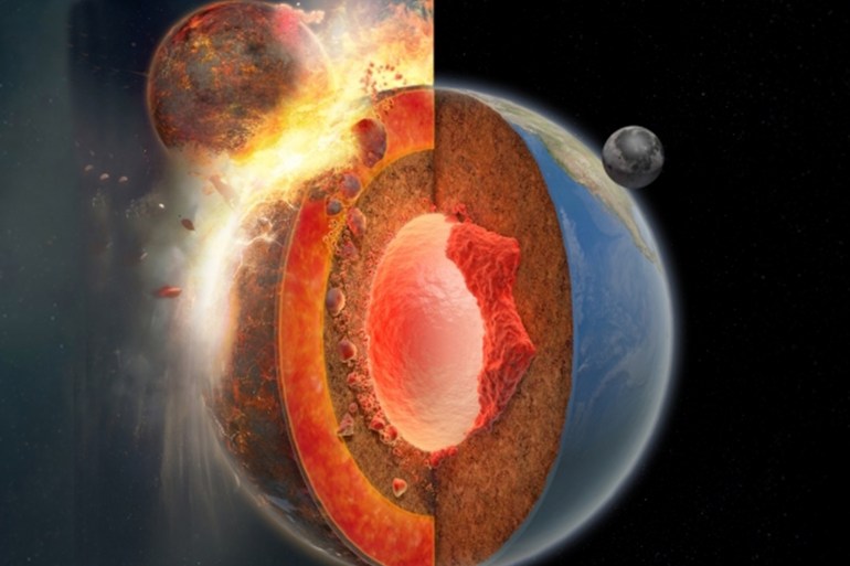 Parts of the Theia materials sink to and accumulate at the bottom of Earth’s mantle, forming the large low-velocity provinces (LLVP) blobs. Artwork by Hernan Canellas/image courtesy of ASU