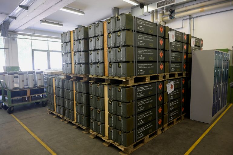Boxes with 120 mm tank ammunition are pictured at a production line at the plant of German company Rheinmetall, which produces weapons and ammunition for tanks and artillery, during a media tour in Unterluess, Germany, June 6, 2023. REUTERS/Fabian Bimmer