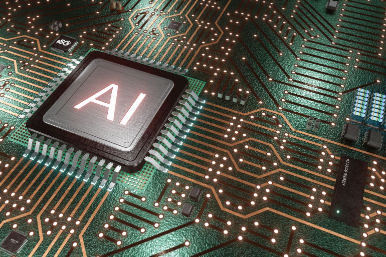 AI Artificial Intelligence 3d rendering, Computer mother board chip with AI sign and glowing circuit background, Central Computer Processors CPU, AI machine learning concept.; Shutterstock ID 1726993618; purchase_order: aljazeera ; job: ; client: ; other: