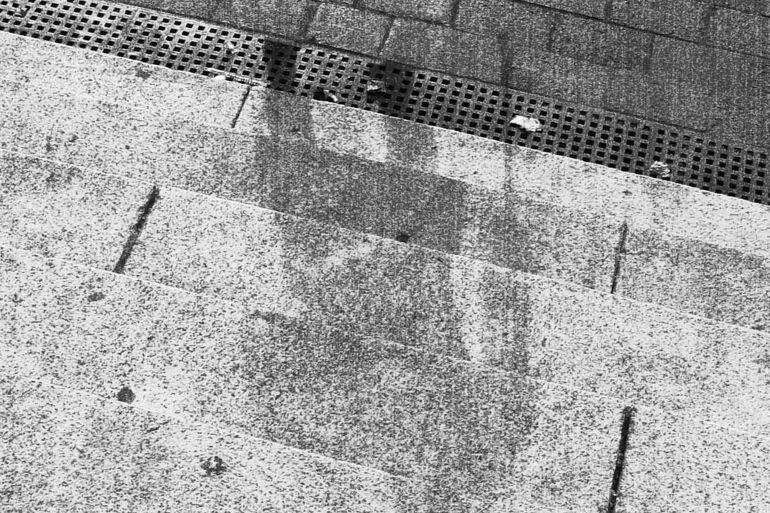 World War II, Human shadow on bank steps, in Hiroshima after the explosion of the atom bomb in August 1945, Japan. (Photo by: Universal History Archive/Universal Images Group via Getty Images)