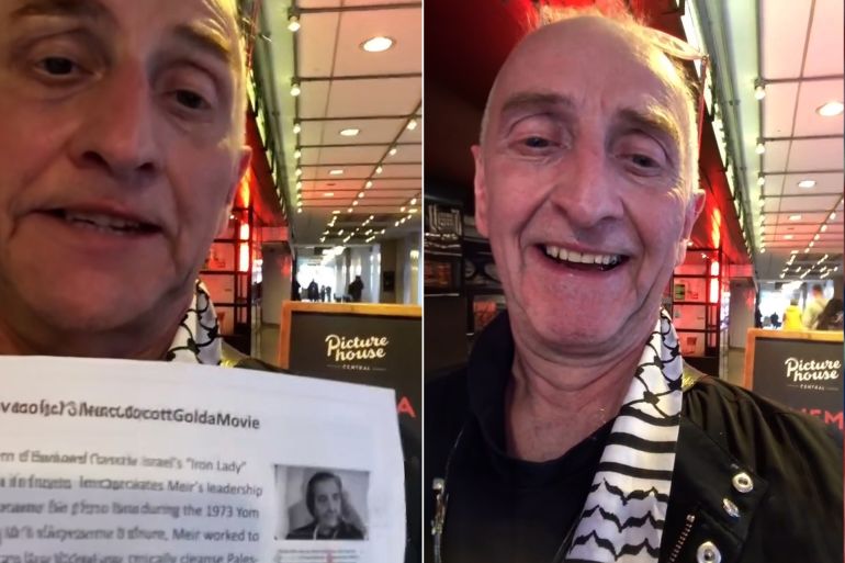 ناشط يوزع مناشير ضد عرض فيلم "Golda" الذي يتناول سيرة رئيسة وزراء الاحتلال "غولدا مائير