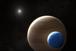 تصور فنان لـ كيبلر 1708ب وهو كوكب ثنائي يدور حوله كوكب آخر بحجم نبتون (وكالة الفضاء الأوروبية)