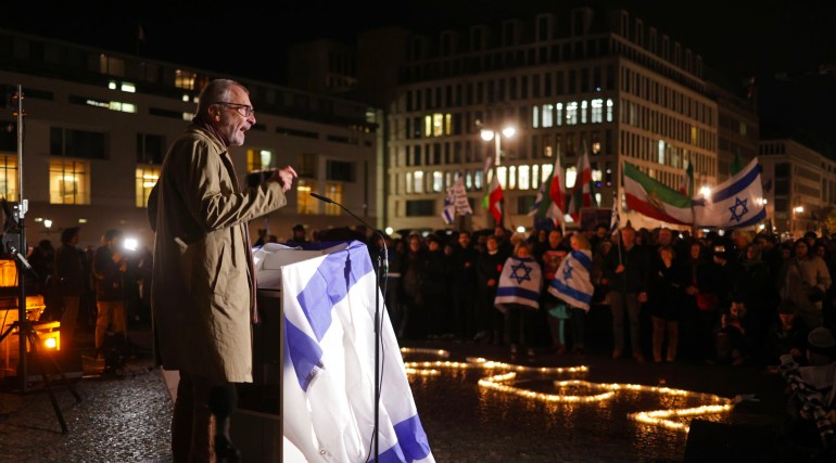 Commemoration Event For Victims Of Hamas Incursion Into Israel BERLIN, GERMANY - NOVEMBER 07: Volker Beck, former Greens party member of the Bundestag and currently the President of the German-Israeli Association, speaks at an event at the Brandenburg Gate to commemorate the victims of the October 7 incursions into Israel by Hamas militants on November 07, 2023 in Berlin, Germany. Approximately a thousand people attended the event at which speakers demanded the release of the over 200 hostages still held by Hamas. (Photo by Sean Gallup/Getty Images)