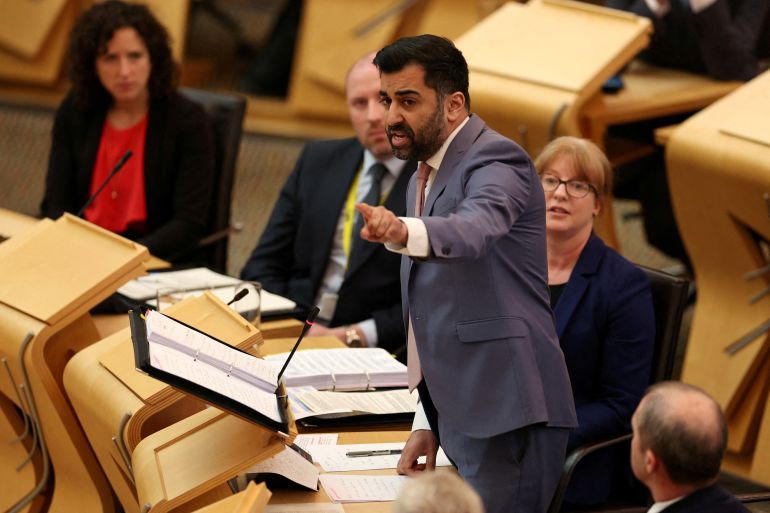 FILE PHOTO: Scotland's First Minister Humza Yousaf attends First Minister's Questions at the Scottish Parliament at Holyrood, in Edinburgh, Scotland, Britain, March 30, 2023. REUTERS/Russell Cheyne/File Photo
