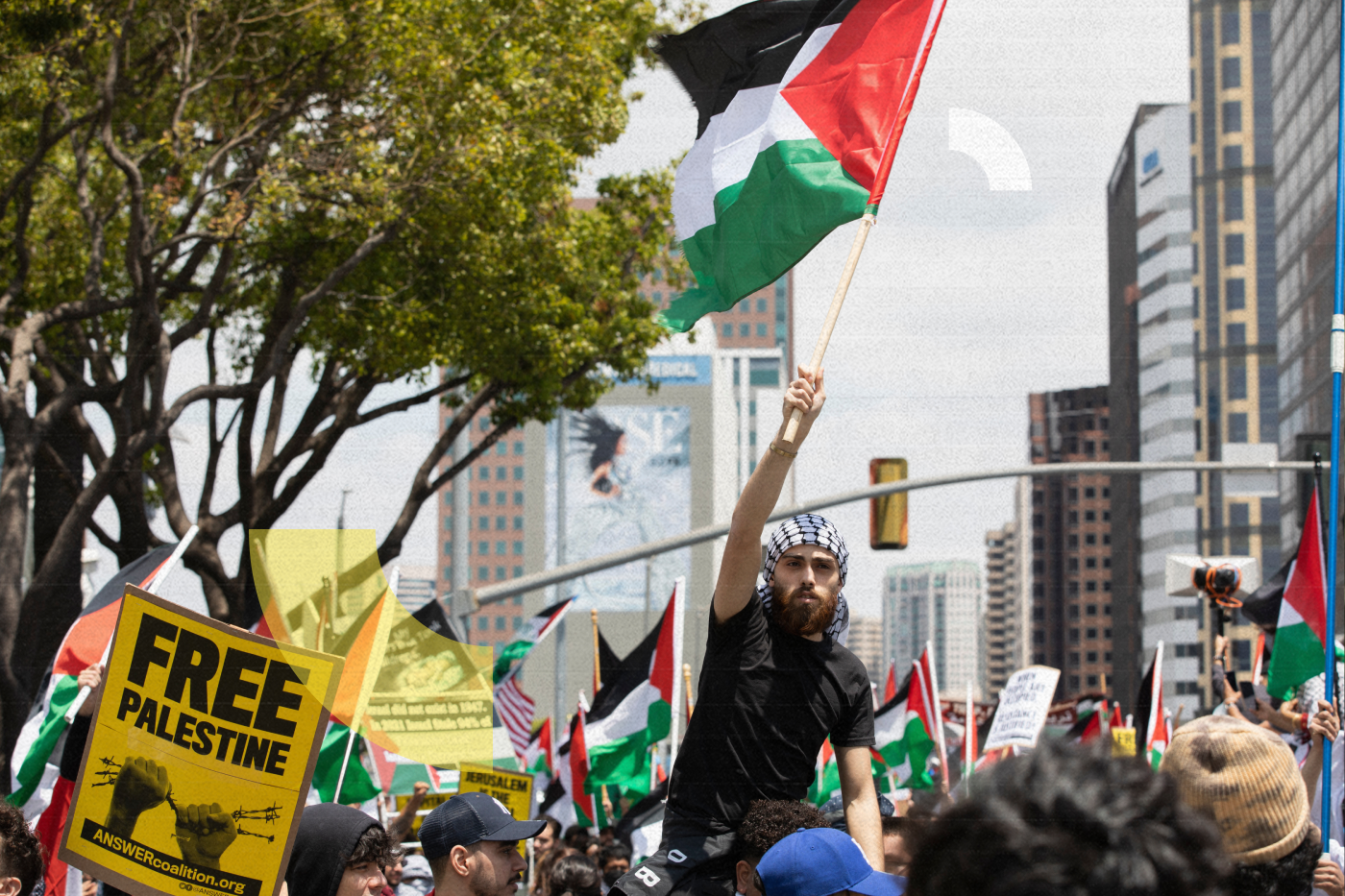 Los Angeles, California, USA - May 15, 2021: Individuals protest the hostile actions of Israel in a Free Palestine event.
