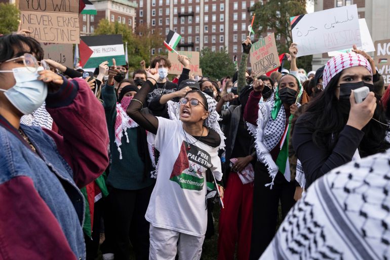 Pro-Palestinian, anti-Israel activists gather for a protest at Columbia University, October 12, 2023, in New York. (AP Photo/Yuki Iwamura, File)