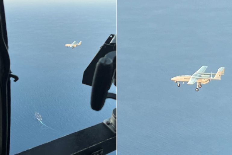 Aircraft from Dwight D Eisenhower Carrier Air Wing intercepts an Iranian UAV operating in an unsafe and unprofessional manner during aircraft carrier flight operations in the Arabian Gulf - المصدر: حساب U.S. Central Command على X