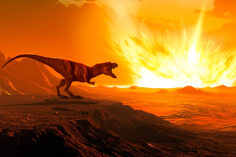 Illustration of a tyrannosaurus as an asteroid strikes the Earth. Tyrannosaurus was one of the very last dinosaurs, wiped out 65 million years ago during the extinction event that ended the Cretaceous period. Scientists believe that the incident was provoked by the impact of an asteroid or comet with the Earth off the coast of what is now Mexico.