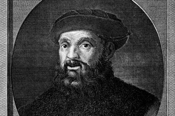 This vintage engraving depicts the portrait of Ferdinand Magellan (1480 - 1521), the Portuguese explorer who was the first to circumnavigate the globe. The texture of the image is authentic to the antique character of the original engraving. Engraved by an unknown artist, it was published in an 1874 history of Magellan's explorations and is now in the public domain. Digital restoration by Steven Wynn Photography.