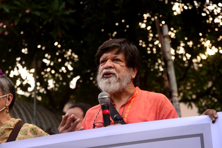 Bangladeshi Renowned photographer Shahidul Alam speaks in a protest rally organized Socialist Student Front demanding against rape in Dhaka, Bangladesh, on October 2, 2020 (Photo by Mamunur Rashid/NurPhoto via Getty Images)