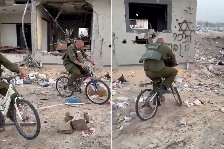 جنود الاحتلال يمتطون دراجات هوائية -لأطفال تركوها- متجولين بين أنقاض المباني التي دمرها القصف