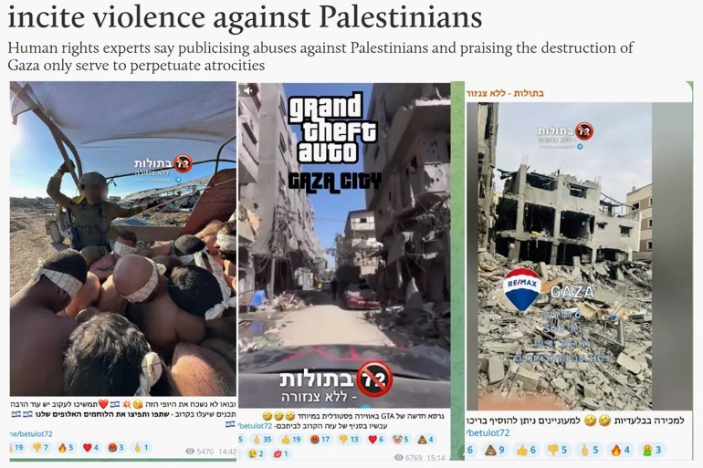 Screenshots from an Israeli army run Telegram channel show inciteful language and images (MEE/Screengrab)