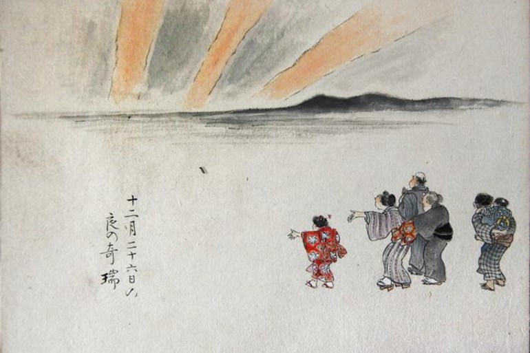 A Japanese auroral drawing showing an observation at Okazaki on 4 February 1872, as reproduced with courtesy of Shounji Temple (contrast enhanced) CREDIT ©︎ Shounji Temple