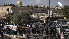Israel bars Palestinians from performing weekly Friday prayers at Al-Aqsa Mosque- - JERUSALEM - NOVEMBER 17: Israeli forces take security measures as Muslims perform Friday prayers on street in Old City, after Israeli authorities barred Palestinians from entering the Al-Aqsa Mosque in East Jerusalem on November 17, 2023.