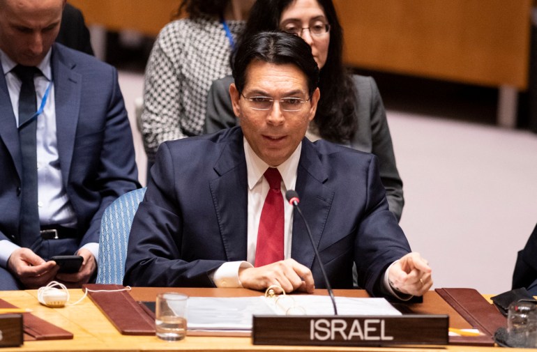 Israeli ambassador to the United Nations Danny Danon speaks to the UN Security Council at the United Nations headquarters on February 11, 2020 in New York. Palestinian president Mahmud Abbas on Tuesday told the UN Security Council that the world should reject President Donald Trump's Middle East plan, which he said would limit Palestinian sovereignty in a "Swiss cheese" deal. "We reject the Israeli-American plan," which "throws into question the legitimate rights of the Palestinians," Abbas said, brandishing a large map of Palestine as conceived by the US proposal. (Photo by Johannes EISELE / AFP)