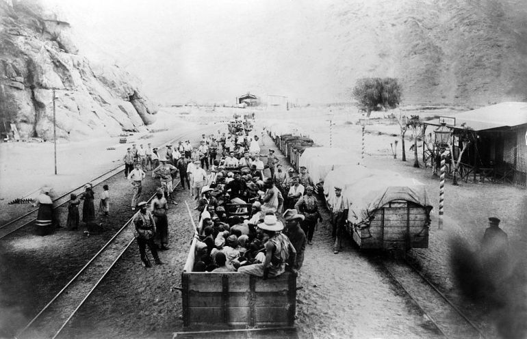 (Limited rights for specific editorial clients in Germany. Limited rights for specific editorial clients in Germany.) After the rebellion was suppressed, the captured Heros were taken by Eisenbahn to a camp on the coast.  Photo in Khan Mountain.  1905 (Photo by Ullstein Bild/Ullstein Image via Getty Images)
