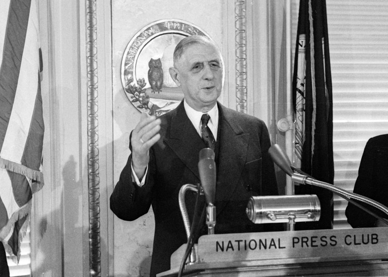 French President Charles de Gaulle (1890 - 1970) speaks at the National Press Club, Washington DC, April 23, 1960. (Photo by Benjamin E. 'Gene' Forte/CNP/Getty Images)