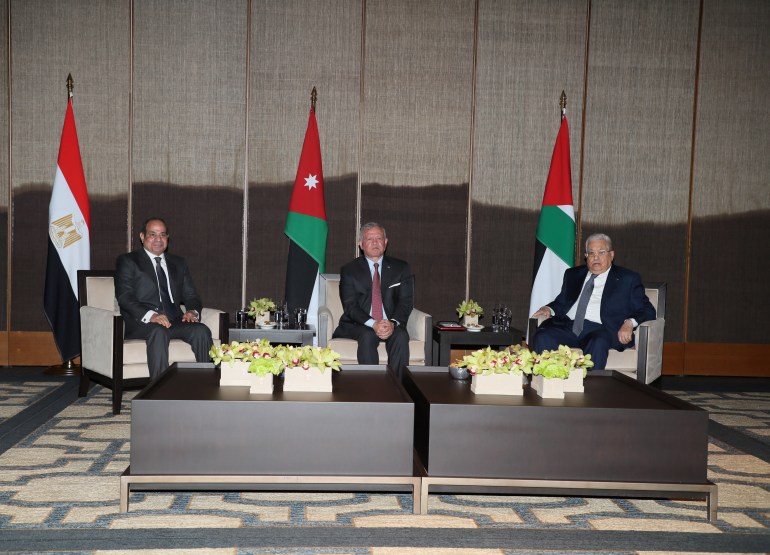 Jordan's King Abdullah II meets with Palestinian President Mahmoud Abbas and Egyptian President Abdel Fattah al-Sisi in Aqaba, Jordan, in this handout picture released on January 10, 2024. Royal Hashemite Court/Handout via Reuters ATTENTION EDITORS - THIS IMAGE HAS BEEN SUPPLIED BY A THIRD PARTY. NO RESALES. NO ARCHIVES