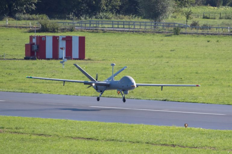 A HERMES 900 HFE drone made by Israeli company Elbit for use in the Swiss reconnaissance system (ADS15) lands after a certification flight at the Swiss air force base in Emmen, Switzerland September 8, 2022. REUTERS/Arnd Wiegmann