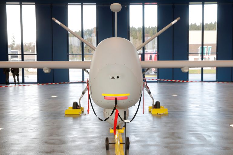 An HERMES 900 HFE drone made by Israeli company Elbit for use in the Swiss reconnaissance system (ADS15) is seen during a media presentation at the Swiss air force base in Emmen, Switzerland December 9, 2019. REUTERS/Arnd Wiegmann