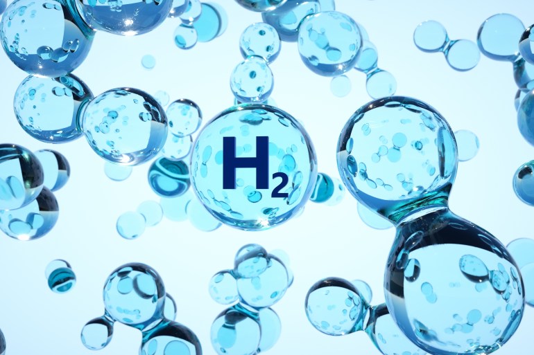 "H2 Hydrogen" titled water bubble. 3D illustration bio infographics background with water molecule in transparent style. Ecology, biology and biochemistry concept of renewable fuel green energy