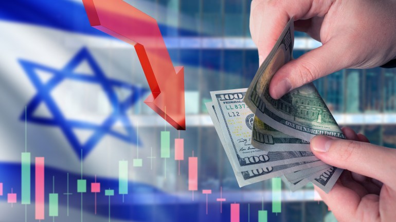 Business in Israel. Money in hands of man. Flag of Israel. Down arrow metaphor for crisis. Investment chart. Problems in Israeli economy concept. Problems for business from Israel.; Shutterstock ID 2397367713; purchase_order: AJA; job: ; client: ; other: