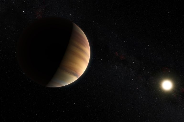 This artist’s view shows the hot Jupiter exoplanet 51 Pegasi b, sometimes referred to as Bellerophon, which orbits a star about 50 light-years from Earth in the northern constellation of Pegasus (The Winged Horse). This was the first exoplanet around a normal star to be found in 1995. Twenty years later this object was also the first exoplanet to be be directly detected spectroscopically in visible light.