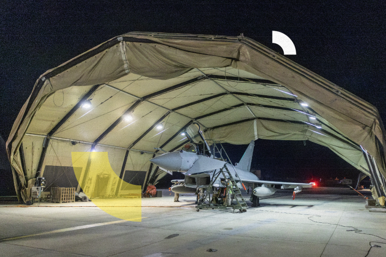 AKROTIRI, CYPRUS - JANUARY 12: In this handout image provided by the UK Ministry of Defence, an RAF Typhoon aircraft returns to berth following a strike mission on Yemen's Houthi rebels at RAF Akrotiri on January 12, 2024 in Akrotiri, Cyprus. On Thursday evening, four RAF Typhoons launched from RAF Akrotiri to conduct strikes against Yemen's Houthi rebels, who have been targeting merchant vessels in the Red Sea and Gulf of Aden with missiles and drones. According to British Prime Minister Rishi Sunak, the strikes were done to protect global shipping in the region. (Photo by MoD Crown Copyright via Getty Images)