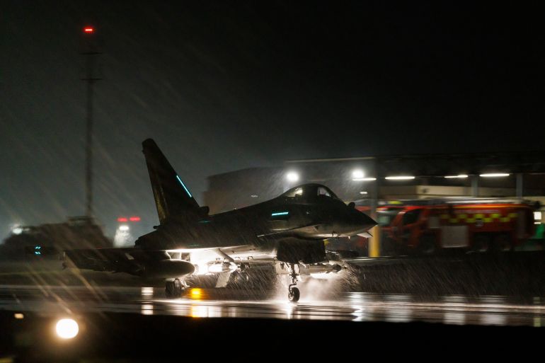 AKROTIRI, CYPRUS - JANUARY 22: In this handout image provided by the UK Ministry of Defence, a Royal Air Force Typhoon FGR4 takes off to carry out air strikes against Houthi military targets in Yemen at RAF Akrotiri on January 22, 2024 in Akrotiri, Cyprus. On 22 January, the UK conducted further strikes against Houthi targets, following the initial operation on January 11 to protect global shipping in the region. Four Royal Air Force Typhoon FGR4s, supported by a pair of Voyager tankers, joined U.S. forces in a deliberate strike against Houthi sites in Yemen. (Photo by MoD Crown Copyright via Getty Images)