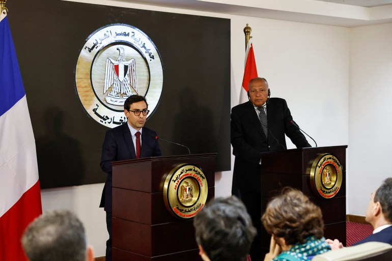 Egypt's Foreign Minister Sameh Shoukry (R) and his French counterpart Stephane Sejourne hold a press conference in Cairo on February 4, 2024. - France's top diplomat began his first Middle East trip as foreign minister, aimed at pushing for a ceasefire in Gaza and the release of hostages held by the Palestinian Hamas movement since October 7, 2023, a ministry spokesman said. (Photo by Khaled DESOUKI / AFP)